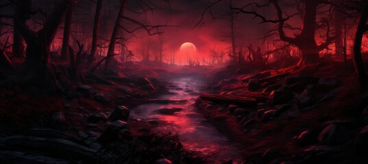 Mysterious red forest horror dark night background. Generative AI technology. - obrazy, fototapety, plakaty