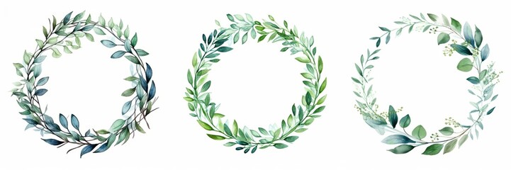 Watercolor painting leaf illustration for logo - Collection set of circular circle leaves frame, isolated on white background (Generative Ai)