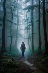 Mysterious man explores misty forest