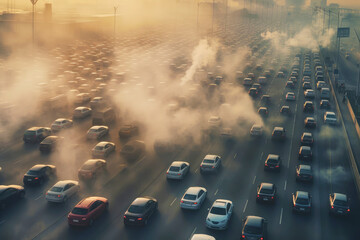 City highway surrounded by smog. Exhaust gases from dense car traffic. The issue of energy consumption and air pollution in the urban environment. Aerial view - obrazy, fototapety, plakaty