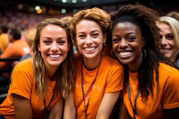 Colorful Tapestry of Friendship: Embrace Harmony of a Diverse Group of Friends Donning Plain Orange T-Shirts at a Basketball Game. Togetherness and Support Highlight Beauty of Diversity. AI Generated