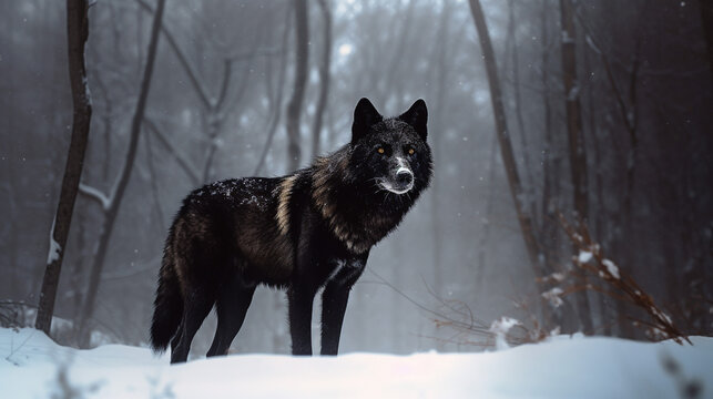 black wolf in snow