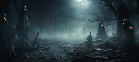 Mysterious forest horror melancholic dark background. Generative AI technology.