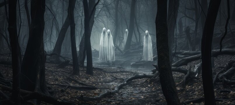 Creepy white ghost figure on dark foggy forest background. Generative AI technology.