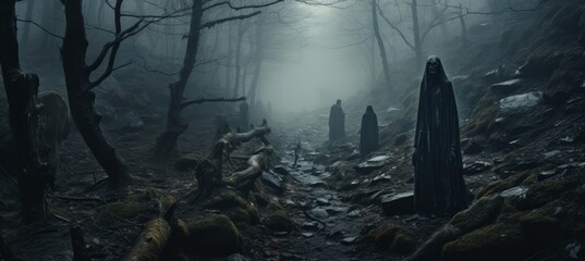 Fototapeta premium Haunted foggy dark forest background. Generative AI technology.