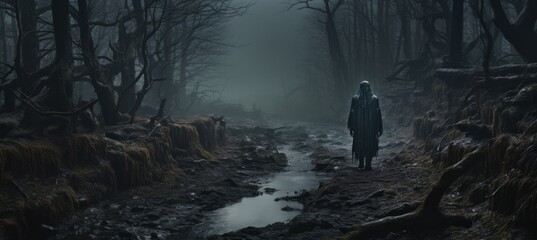 Mysterious dark figure standing on the foggy forest path background. Generative AI technology.