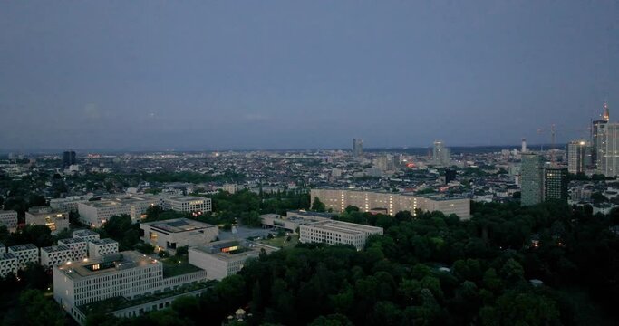 Drone panc over Frankfurt am Main skyline in the evening light