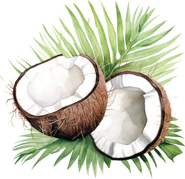 watercolor coconuts with green palm leaves clip art preview
