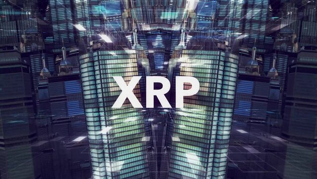 XRP type set against a beautiful abstract city landscape. The metropolis is huge with moving and twisting buildings. A abstract business / technology concept.	