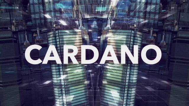 Cardano type set against a beautiful abstract city landscape. The metropolis is huge with moving and twisting buildings. A abstract business / technology concept.	