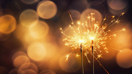 Burning sparklers on bokeh background. AI