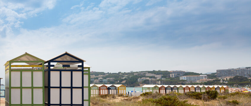 Typical bathing huts in S'agaro on the Catalan Costa Brava.