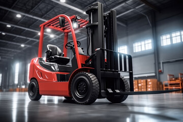 Forklift in a warehouse next to pallets, Warehouse center, Pallets with boxes in building.