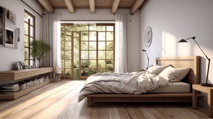 Interior design of modern bedroom with hardwood floor and ceiling curtains looking out of the balcony to see tree, Good place to relax.