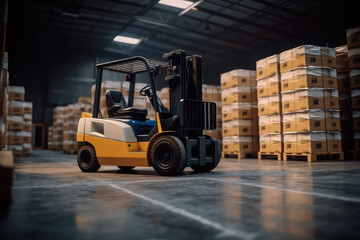 Fototapeta na wymiar Forklift in a warehouse next to pallets, Warehouse center, Pallets with boxes in building.