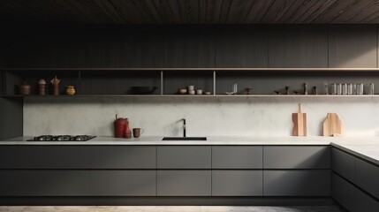 Modern kitchen, Grey kitchen interior and wooden cabinet with kitchenware.