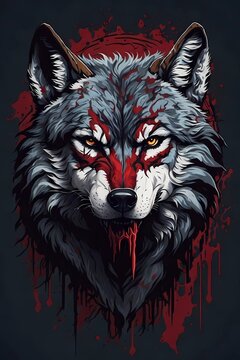 a clever wolf with blood splattered on his face