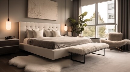Bedroom in Modern style with Statement Headboard decorated with Linen bedding, Interior of modern bedroom.