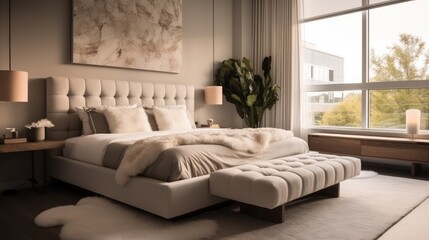 Bedroom in Modern style with Statement Headboard decorated with Linen bedding, Interior of modern bedroom.