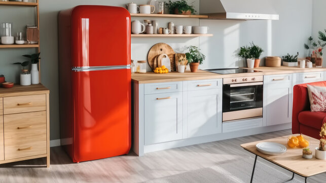Interior of kitchen with red fridge with white counters and oven and shelving unit.