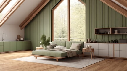 Interior design of Cozy living area with wood beamed ceiling and kitchen, Scandinavian interior concept.