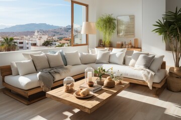 Interior of light open space living room with cozy grey sofa and wooden table, full open window with beautiful view, created with AI.