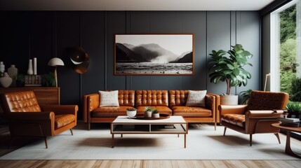 Home interior design mid century minimalist style with Leather and Wood material, Living room decor