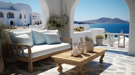 Fototapeta premium Relaxing scene at a holiday, Living Room with Chairs Overlooking the Sea.