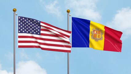 Waving flags of the United States of America and Andorra on sky background. Illustrating International Diplomacy, Friendship and Partnership with Soaring Flags against the Sky. 3D illustration.