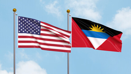 Flags of the United States of America and Antigua and Barbuda on sky background. Illustrating International Diplomacy, Friendship and Partnership with Soaring Flags against the Sky. 3D illustration.