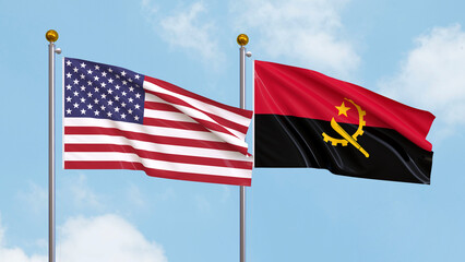 Waving flags of the United States of America and Angola on sky background. Illustrating International Diplomacy, Friendship and Partnership with Soaring Flags against the Sky. 3D illustration.