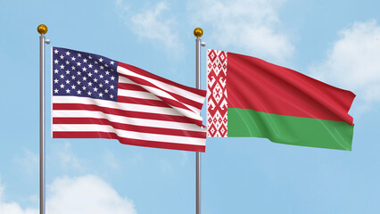 Waving flags of the United States of America and Belarus on sky background. Illustrating International Diplomacy, Friendship and Partnership with Soaring Flags against the Sky. 3D illustration.