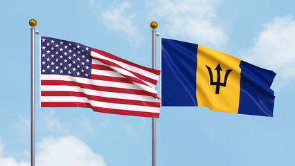 Waving flags of the United States of America and Barbados on sky background. Illustrating International Diplomacy, Friendship and Partnership with Soaring Flags against the Sky. 3D illustration.
