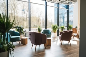 Spacious office lounge with large windows with green natural plants in modern coworking.