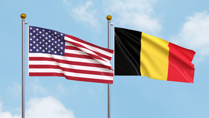 Waving flags of the United States of America and Belgium on sky background. Illustrating International Diplomacy, Friendship and Partnership with Soaring Flags against the Sky. 3D illustration.