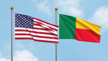 Waving flags of the United States of America and Benin on sky background. Illustrating International Diplomacy, Friendship and Partnership with Soaring Flags against the Sky. 3D illustration.
