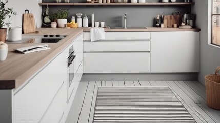 Stylish striped rug in modern kitchen.