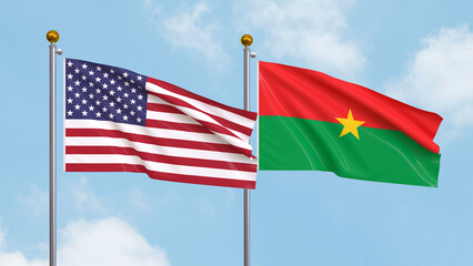 Waving flags of the United States of America and Burkina Faso on sky background. Illustrating International Diplomacy, Friendship and Partnership with Soaring Flags against the Sky. 3D illustration.