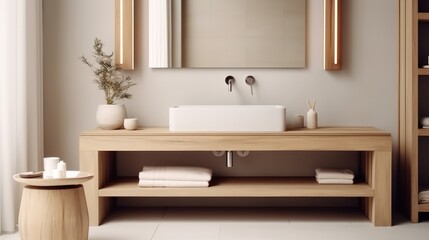 Naklejka na ściany i meble Hand washing concept, Wooden washstand with white ceramic vessel sink, Interior design of modern bathroom.