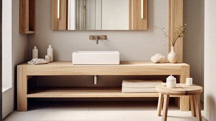 Fototapeta na wymiar Hand washing concept, Wooden washstand with white ceramic vessel sink, Interior design of modern bathroom.