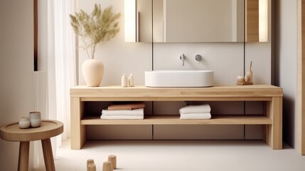Fototapeta na wymiar Hand washing concept, Wooden washstand with white ceramic vessel sink, Interior design of modern bathroom.