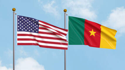 Waving flags of the United States of America and Cameroon on sky background. Illustrating International Diplomacy, Friendship and Partnership with Soaring Flags against the Sky. 3D illustration.