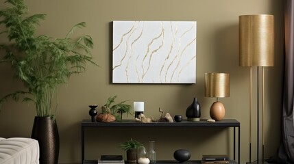 Warm and cozy living room interior with mock up poster frame, black rack, Home decor.
