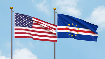 Waving flags of the United States of America and Cape Verde on sky background. Illustrating International Diplomacy, Friendship and Partnership with Soaring Flags against the Sky. 3D illustration.