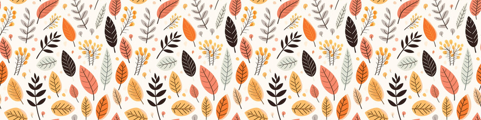 Autumn background wallaper illustration texture - Different autumnal leaves and plants, seasonal colors, seamless pattern (Generative Ai)