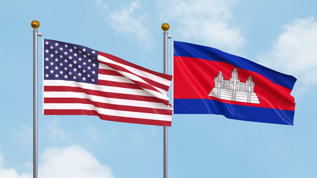 Waving flags of the United States of America and Cambodia on sky background. Illustrating International Diplomacy, Friendship and Partnership with Soaring Flags against the Sky. 3D illustration.