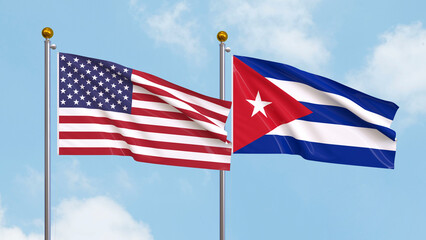 Waving flags of the United States of America and Cuba on sky background. Illustrating International Diplomacy, Friendship and Partnership with Soaring Flags against the Sky. 3D illustration.