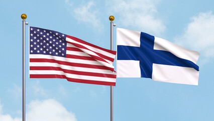 Waving flags of the United States of America and Finland on sky background. Illustrating International Diplomacy, Friendship and Partnership with Soaring Flags against the Sky. 3D illustration.