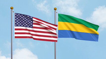Waving flags of the United States of America and Gabon on sky background. Illustrating International Diplomacy, Friendship and Partnership with Soaring Flags against the Sky. 3D illustration.