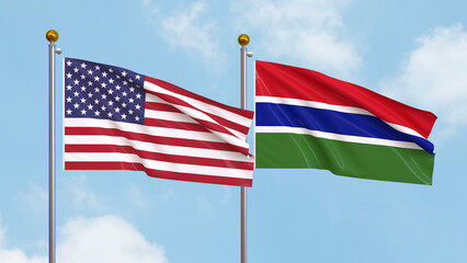Waving flags of the United States of America and Gambia on sky background. Illustrating International Diplomacy, Friendship and Partnership with Soaring Flags against the Sky. 3D illustration.